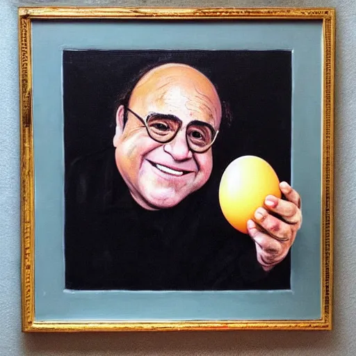 Image similar to a painting of danny devito holding an egg