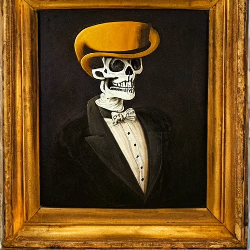 Image similar to Renaissance oil painting of skeleton wearing a suit and top hat at sunset.