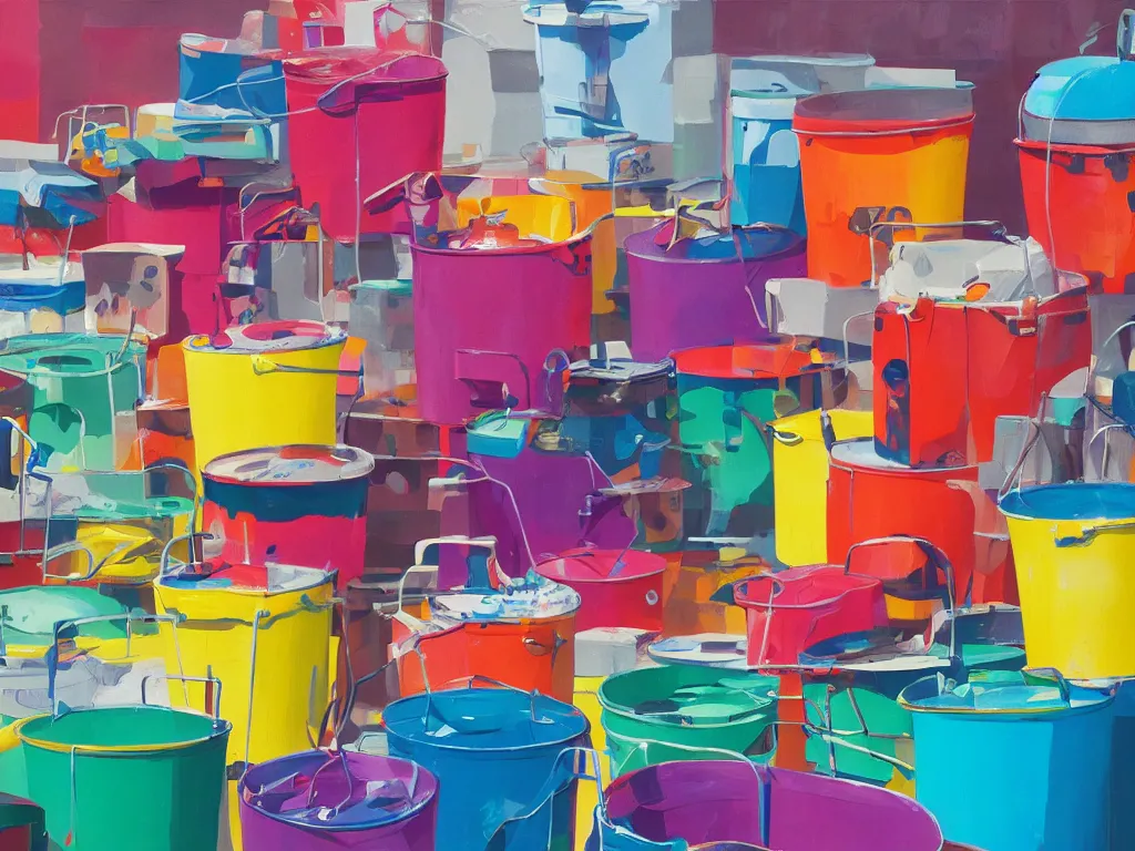 Image similar to colorful paint buckets in the style of simon stalenhag