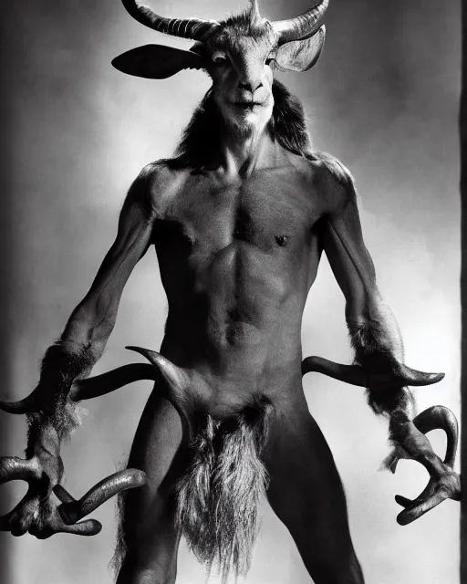 Prompt: actor Roddy McDowell in Elaborate Pan Satyr Goat Man Makeup and prosthetics designed by Rick Baker, Hyperreal, He has goat man legs, cloven feet and horns, He is holding a Pan Flute, he is wearing cargo pants