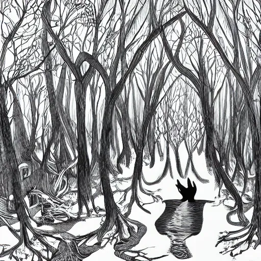 Image similar to dark forest illustration, 4k detailed, black ink on white paper, dark fantasy, white space in middle