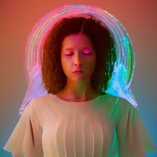 Prompt: a render of girl in white dress dancing, halo over her head, glitchy, glitch art, Chromatic aberration, nobody knows the future, cinema4d, vray, octane, 8k