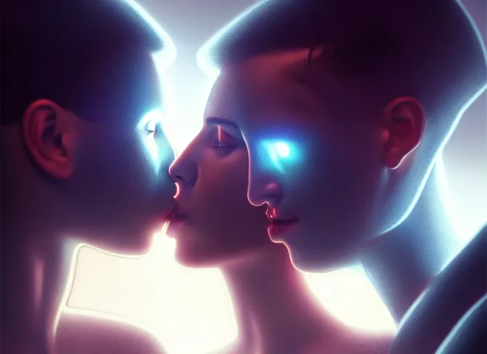 Image similar to ultra realistic medium shot of a couple of cyborgs kissing, lovers, cyberpunk, sci - fi, fantasy, kodak, colour led, soft light, volumetric lighting, fog, rays, night, intricate, highly detailed, digital painting, concept art, smooth, sharp focus, illustration, art by artgerm and greg rutkowski and alphonse mucha