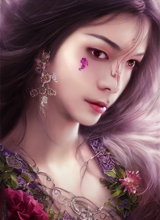 Image similar to a beautiful woman gheisa, 8 k, hyperrealistic, asian hyperdetailed, beautiful face, long hair, dark fantasy, fantasy portrait by laura sava