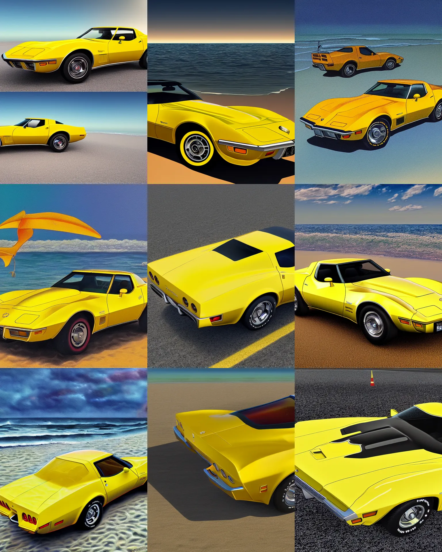 Prompt: photorealistic art of a yellow 1979 stingray corvette at the beach, dynamic lighting, space atmosphere, hyperrealism, stunning visuals