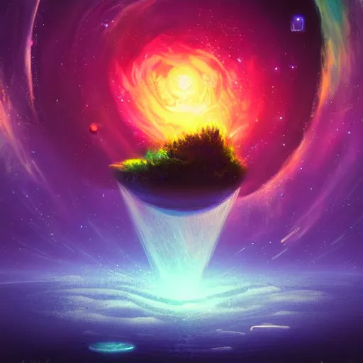 Prompt: a floating island in space, water flowing, surrounded by nebula, by anato finnstark