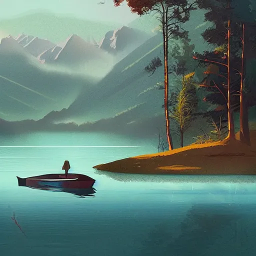 Prompt: a beautiful lake, poster art by emiliano ponzi, behance contest winner, environmental art, matte drawing, storybook illustration, 2 d game art