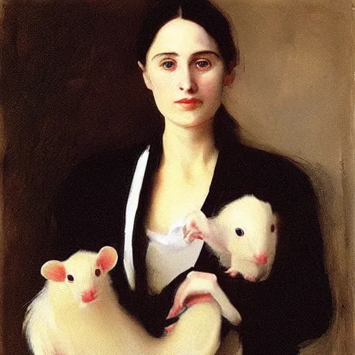 Prompt: “ a portrait of a dark haired girl holding an albino rat, very detailed, oil painting, madame x, dark background, by of john singer sargent ”