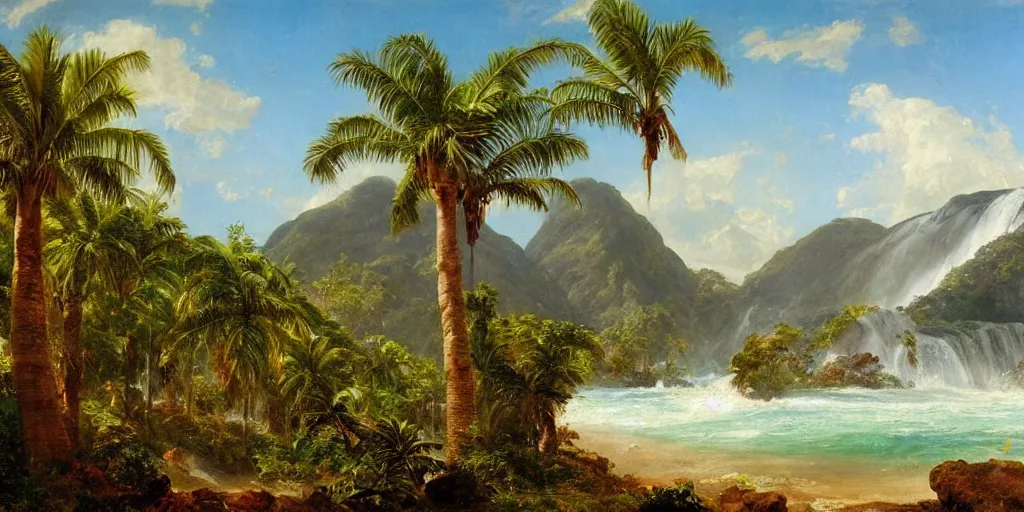 Image similar to a beautiful landscape painting of a tropical island with waterfall and palm trees, by frederic edwin church, oil on canvas, highly detailed, hd, 4 k