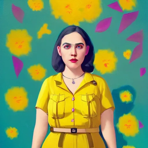 Image similar to colorful and festive cute female young plus size female hitler with tan skin, clear sharp todd solondz face, wearing yellow floral blouse. full body, rich vivid pastel colors, ambient lighting, dynamic lighting, 4 k, atmospheric lighting, painted, intricate, highly detailed by charlie bowater