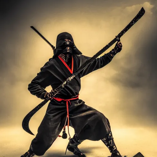 Image similar to male ninja swinging kusarigama ,Grim fantasy, D&D, HDR, natural light, dynamic pose, award winning photograph, Mucha style, 8k,