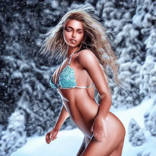 Image similar to full body pose, hyperrealistic photograph of a bikini model in the snow, dim volumetric lighting, 8 k, octane beautifully detailed render, extremely hyper detailed, intricate, epic composition, cinematic lighting, masterpiece, trending on artstation, very very detailed, stunning, hdr, smooth, sharp focus, high resolution, award, winning photo, dslr, 5 0 mm