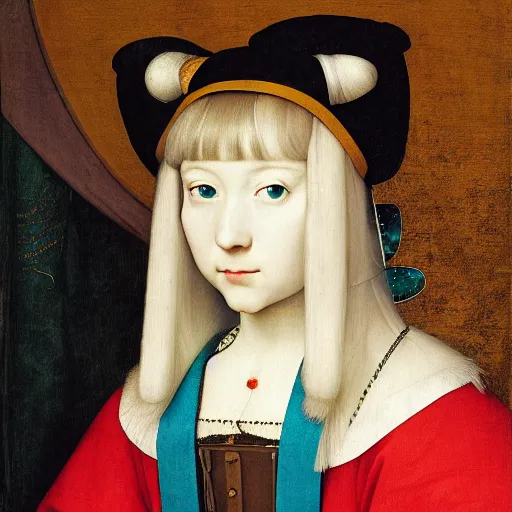 Prompt: a portrait of the young lady hatsune miku of the house lancaster by hans holbein, blue eyes, blue hair, porcelain skin, national portrait gallery, painting