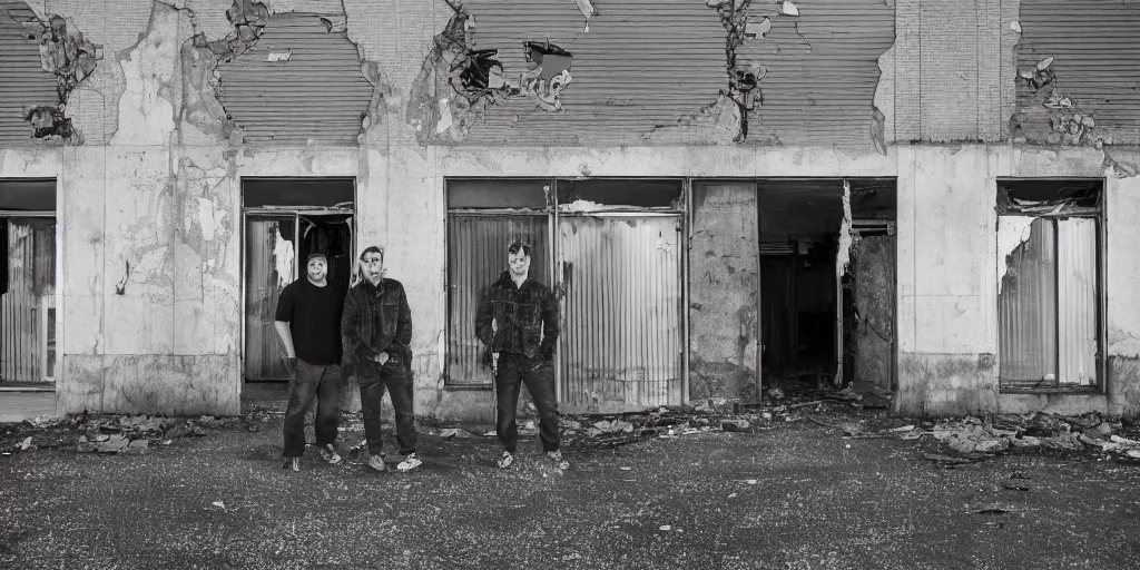 Prompt: 2 guys standing outside of an abandoned broken down derelict jelly factory building with broken windows at night