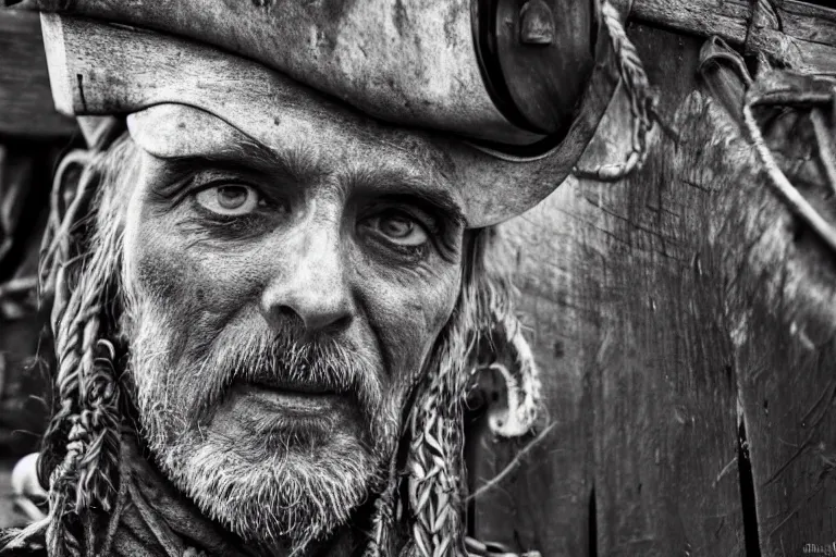 Image similar to closeup old pirate on an old pirate ship, by emmanuel lubezki