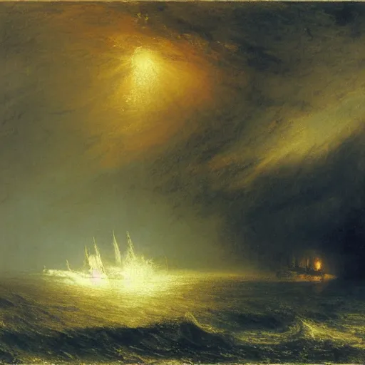 Image similar to a ship burning in the distance during a storm, by william turner, by beksinski, by caspar david friedrich, oil painting, romantism, realism, limited palette