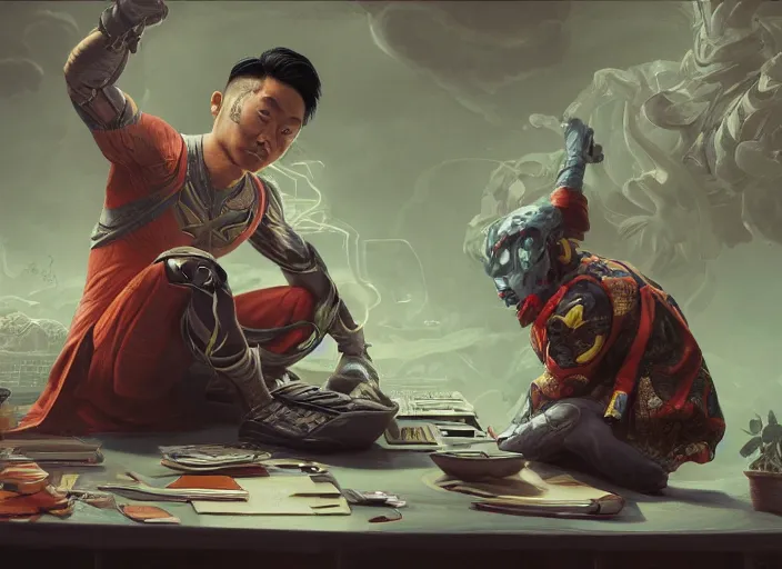 Image similar to an insanely detailed painting of an asian man wearing a homemade superhero costume, sitting at a desk, staring seriously at the computer and typing, in the style of peter mohrbacher, james jean, artgerm, dramatic lighting and composition, surreal background, octane render, pixar, trending on artstation, concept art, comic book, view from behind, 8 k