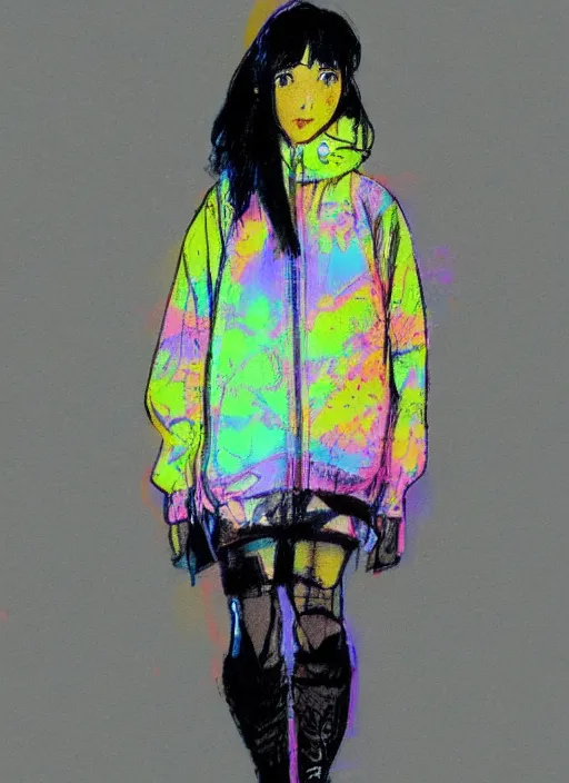 Prompt: bright cheery placid pastel yoji shinkawa sketch of girl wearing a puffy hoddie designed by balenciaga and skirt with an holographic pattern and skinny legs and yeezy 5 0 0