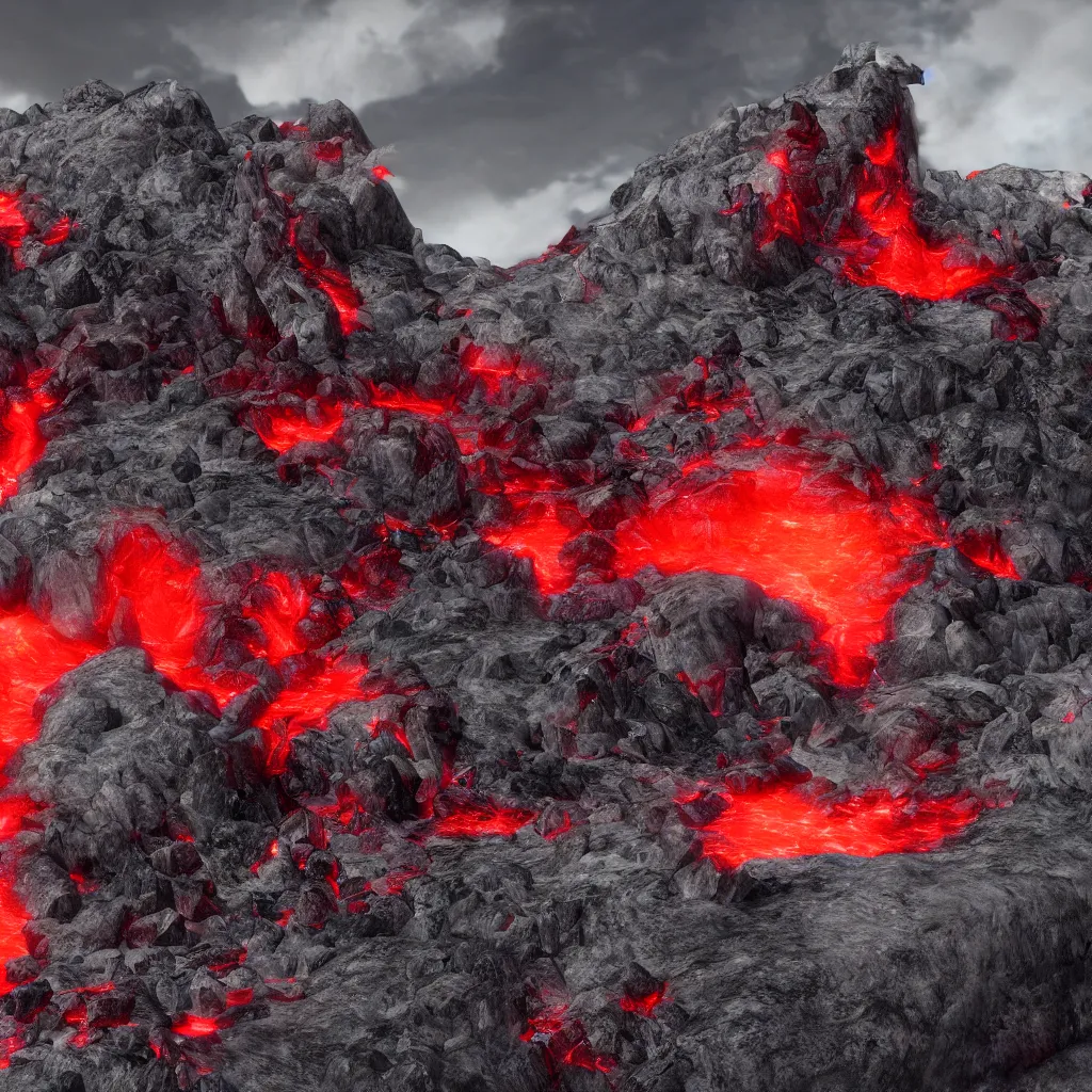 Image similar to satanic mountain goats with glowing red eyes on a sheer obsidian cliffside with lavaflow, lava waterfalls, photorealistic landscape render, octane render, vray, beautiful, ambient occlusion, particle effects, light bloom, rtx