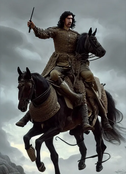 Prompt: painting of stoic king adam driver riding on horse together with his best friend john oliver, full body, military uniform, fantasy, intricate, elegant, beautiful, highly detailed, charcoal, centered, dark, smokey, digital painting, artstation, concept art, smooth, sharp focus, illustration, art by artgerm and greg rutkowski and alphonse mucha