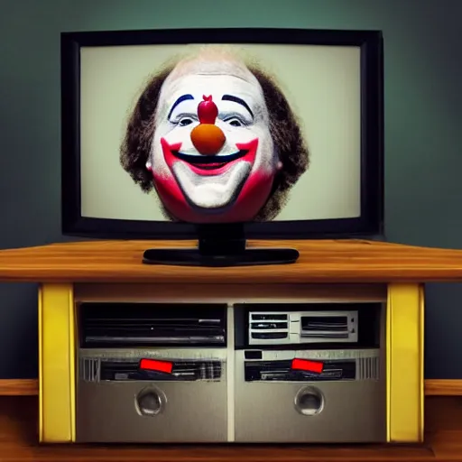 Image similar to professional photo of an old television that inside has a president that has a clown face and is giving a speech over a podium