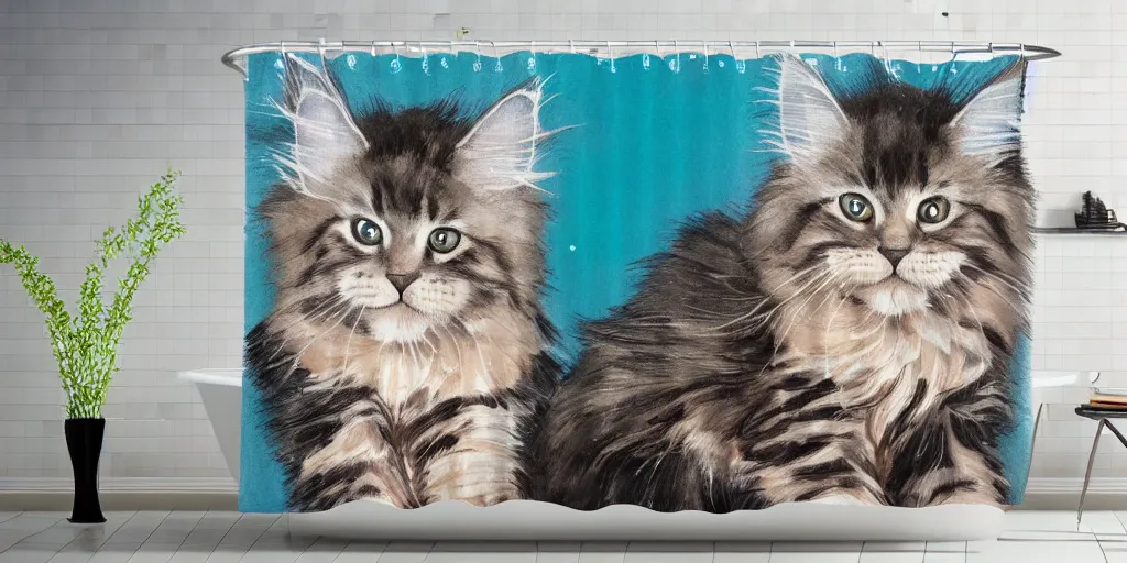 Image similar to shower curtain product catalog. on the curtain is a watercolor with ink under drawing of one maine coon kitten with its toy. wide - angle product photography, product lighting. 4 k, highly detailed. saturated.