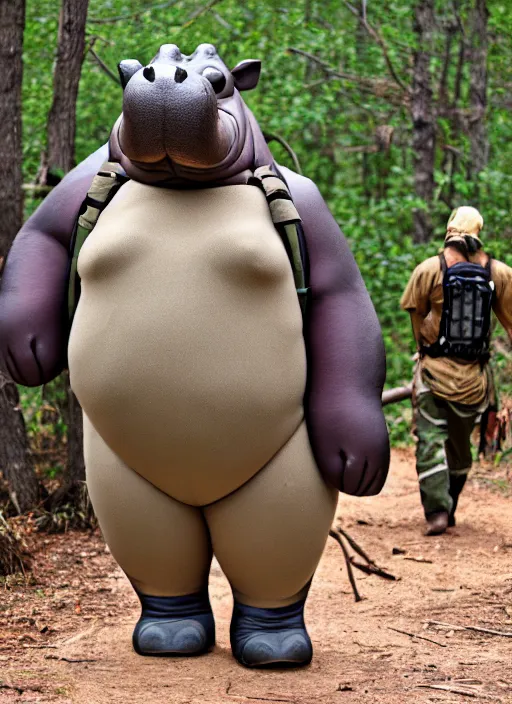 Image similar to an anthropomorphic hippopotamus dressed as a survivalist