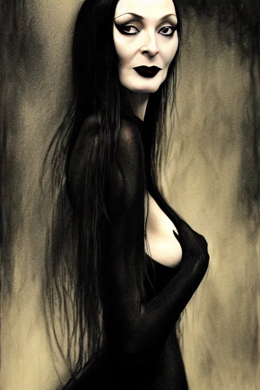 Prompt: morticia addams, black dress, gothic, cannibal monster plant in background, young, beautiful, woman, full - body, realistic portrait, ethereal, soft clean focus, art by emil melmoth, gustave dore, craig mullins, yoji shinkawa, art germ, pete morbacher, david lynch, hyper detailed, high detail, artstation, hyper