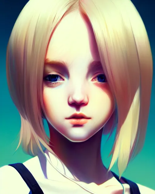 Image similar to really cool up close portrait of a beautiful blonde english emo girl in tshirt, by saruei and guweiz and ilya kuvshinov and rockwell and warhol and range murata!!, magic art, sleek curves, intricate sharp focus, trending on artstation hq, deviantart, pinterest, unreal engine 5, 4 k uhd image