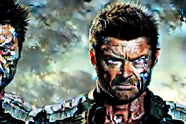 Image similar to film still frame of karl urban as wolverine, beard, wolverine's face, wolverine's claws, adamantium, high quality