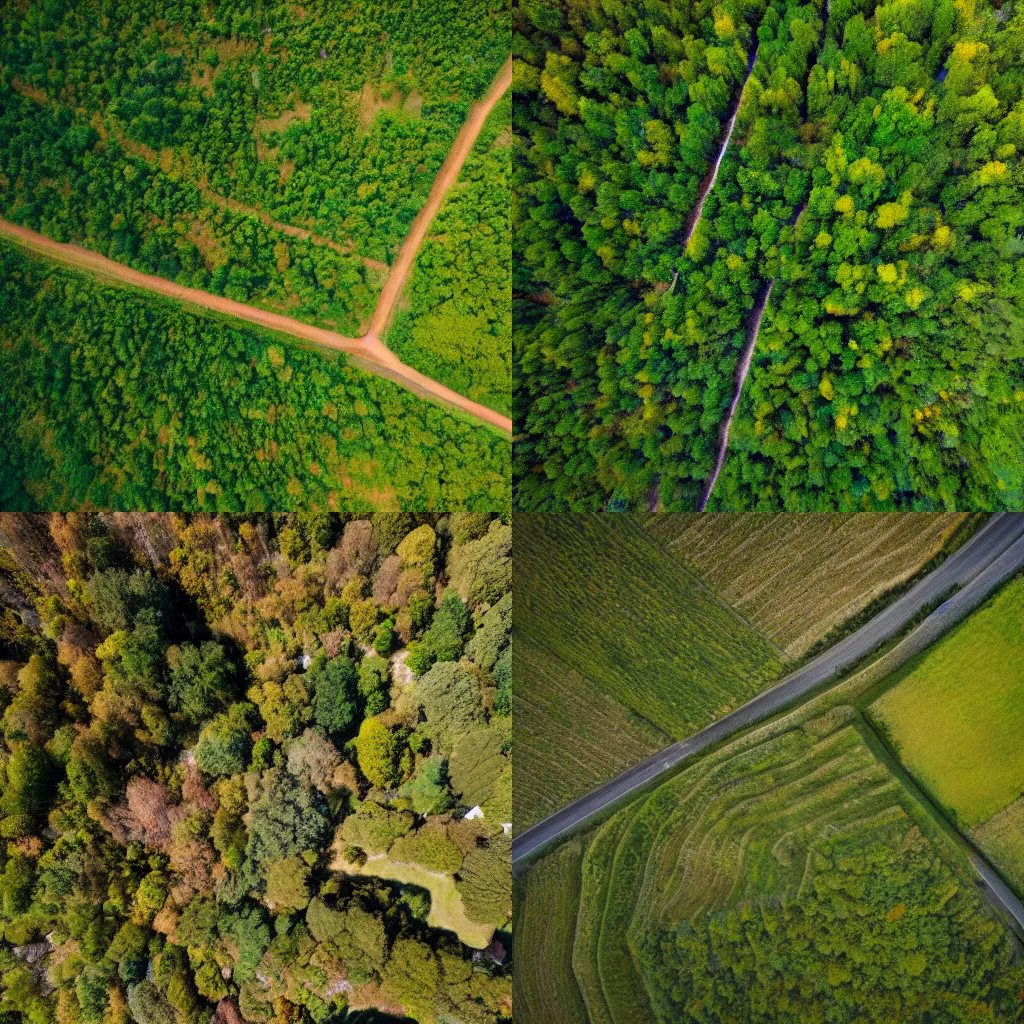 Prompt: A photo shot of a rural area from above, 4k