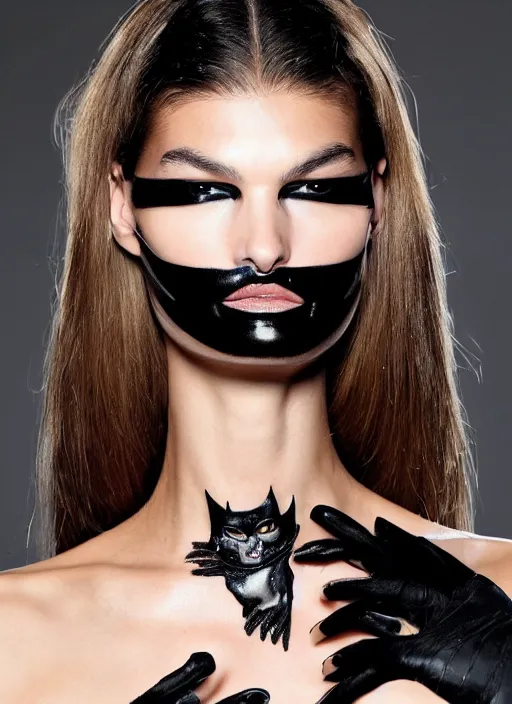 Prompt: A beautiful portrait of Ophelie Guillermand as Catwoman from Batman as a Versace fashion model Spring/Summer 2012, highly detailed, in the style of cinematic, Getty images, Milan fashion week backstage, Makeup by Pat McGrath, Greg rutkowski