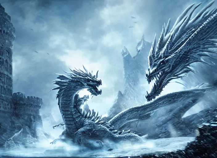 Image similar to giant ice dragon attacking an ancient castle, highly detailed, 4 k, hdr, award - winning, directed by zack snyder, trending on art station, matte