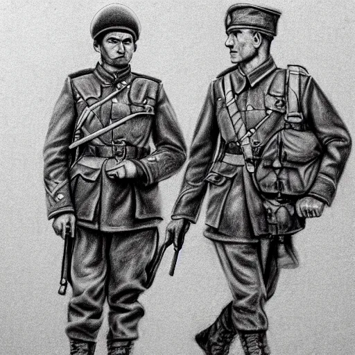 Prompt: a very detailed pencil drawing of a german soldier and a soviet soldier 4 k, high resolution, still, landscape, hd, dslr, hyper realistic, sketch