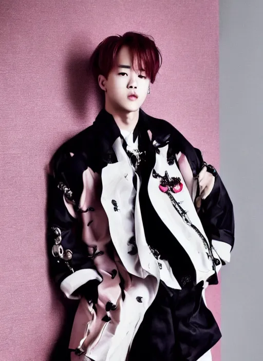 Image similar to jimin styled by nick knight posing, couture, vogue magazine, highly realistic. high resolution. highly detailed. dramatic. 8 k. 4 k.