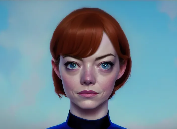 Image similar to a disney film still of emma stone as a star trek officer, finely detailed features, closeup of the face, perfect art, dusk, blue hour, gapmoe yandere grimdark, trending on pixiv fanbox, painted by greg rutkowski, makoto shinkai, takashi takeuchi, alphonse mucha, akihiko yoshida