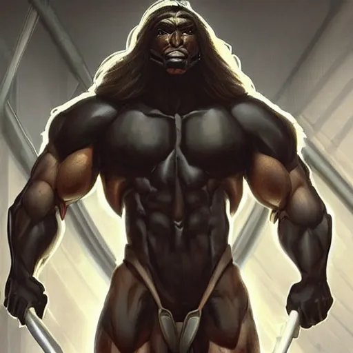 Image similar to splash art of a hyper - muscular black - coated anthropomorphic horse character in a research facility wearing a combat kevlar outfit, long hair, huge exaggerated muscles, highly detailed, furry, furaffinity, digital painting, artstation, sharp focus, illustration, art by artgerm, greg rutkowski, alphonse mucha