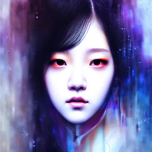 Prompt: jisoo of blackpink, hyperrealistic portrait, bladerunner street, by karol bak and agnes cecile, fantasy art, photo realistic, dynamic lighting, artstation, poster, volumetric lighting, very detailed face, intricate complexity, rule of thirds, 8 k, award winning