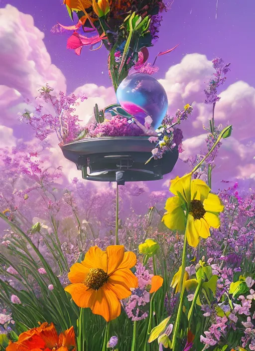 Image similar to An epic fantastic realism comic book style painting of the most beautiful flowers launched into space, bouquets, fisheye lens, unreal 5, DAZ, hyperrealistic, octane render, dynamic lighting