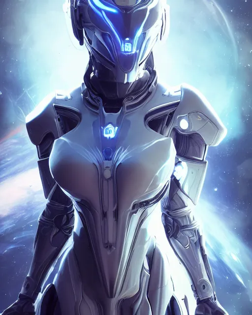 Image similar to photo of a beautiful girl on a mothership, android, warframe armor, pretty face, scifi, futuristic, galaxy, raytracing, dreamy, perfect, aura of light, pure, white hair, blue cyborg eyes, glow, insanely detailed, artstation, innocent look, art by gauthier leblanc, kazuya takahashi, huifeng huang