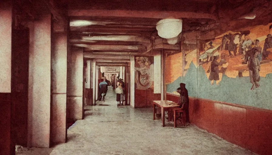 Image similar to pov a man walking in empty north-korean restaurant palace with propaganda fresco, eastmancolor, heavy grain, high quality, higly detailed