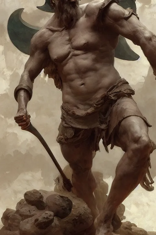 Image similar to ancient historically accurate depiction of the Bible Character Goliath of Gath, the Philistine warrior giant by frank miller, illustration by Ruan Jia and Mandy Jurgens and William-Adolphe Bouguereau, Artgerm, 4k, digital art, surreal, space dandy style, highly detailed, godsend, artstation, digital painting, concept art, smooth, sharp focus, illustration by Ruan Jia and Mandy Jurgens and William-Adolphe Bouguereau, Artgerm