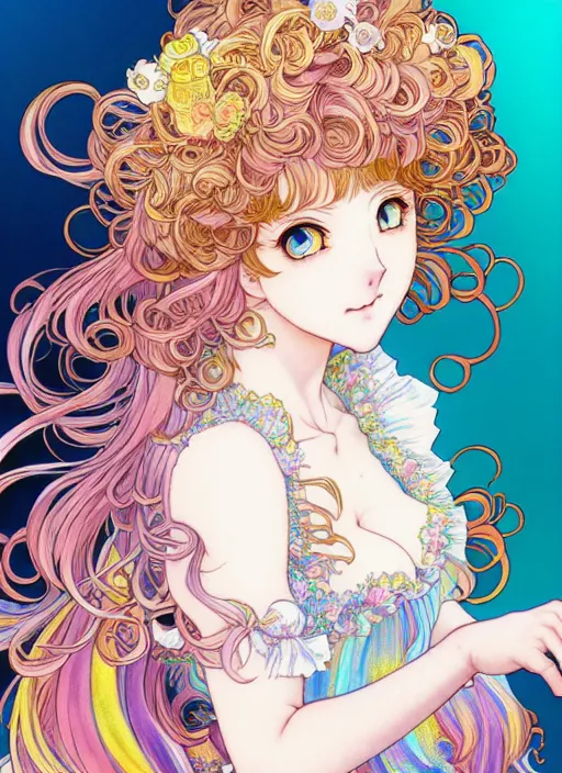 Prompt: manga of beautiful cat girl aside carousel, curls hair, rococo ruffles dress, pastel rainbow, pearlescent, shimmering, prismatic, reflective, rim light, detailed background, by katsuhiro otomo, takeshi obata, alphonse mucha, illustration, artstation, concept art, highly detailed, colorful, maximalist