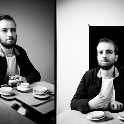 Image similar to portrait of a 3 0 years old frenchman in 2 0 2 0 seated at a table. award winning photography, 5 0 mm, studio lighting, black and white, contrasted.