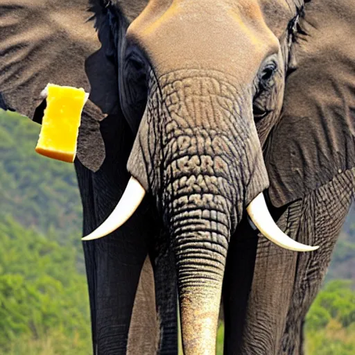 Prompt: an elephant with a piece of cheese instead of head