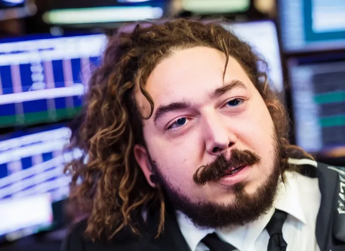 Image similar to dslr photo still of post malone as a stock broker, 8 k, 8 5 mm f 1 6