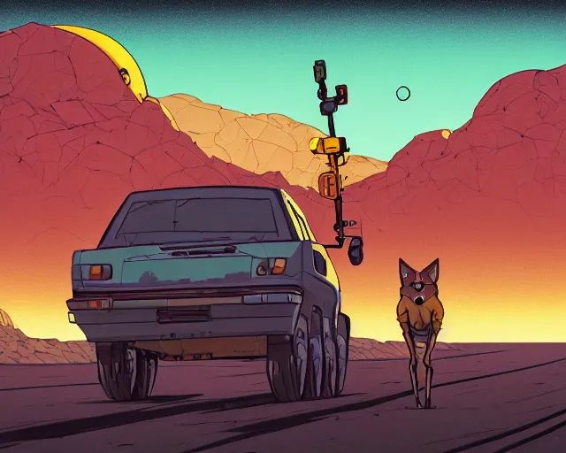 Image similar to a study of cell shaded cartoon of a six legged mechanical coyote on a desert road, in front of a big moon illustration, wide shot, subtle colors, post grunge, concept art by josan gonzales and wlop, david rubin, mike mignola, laurie greasley, highly detailed, sharp focus, trending on artstation, hq, deviantart, art by artgem