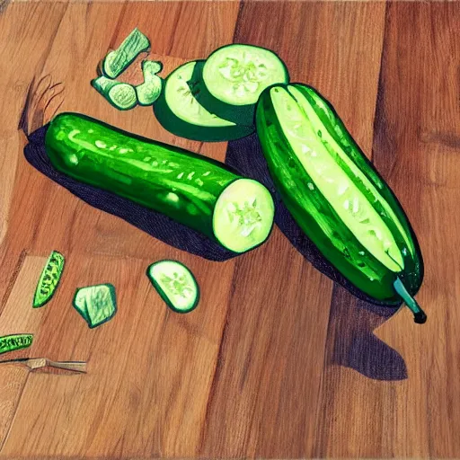 Prompt: knife cutting cucumbers on a wooden cutting board in a country kitchen, concept art, illustrated, highly detailed, high quality, bright colors, optimistic,