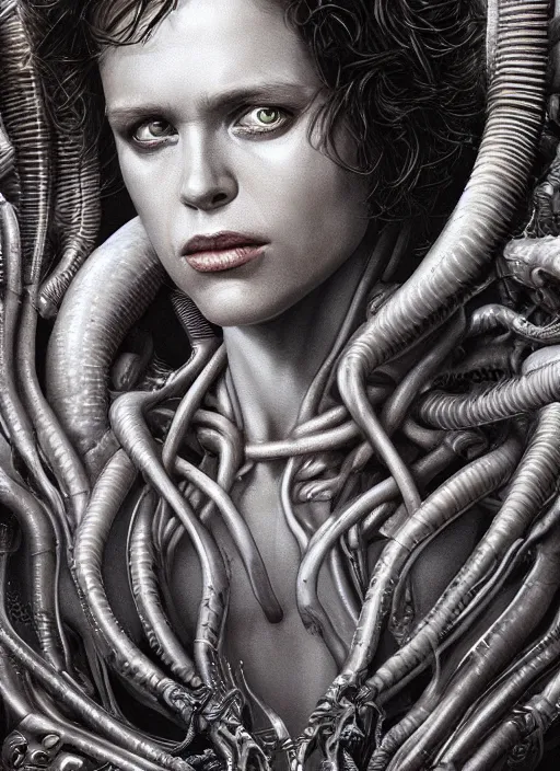 Image similar to a hyper detailed upper body portrait of ellen ripley xenomorph, by tom bagshaw, by zdzisław beksinski, trending on artstation