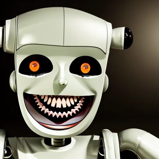 Image similar to a creepy unsettling robot created in 1950. scary teeth, wide eyes with small pupils, uncanny valley